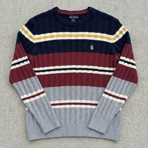 Nautica Vintage Men's Large Striped Ribbed Crewneck Sweater Navy, Burgundy, Gray